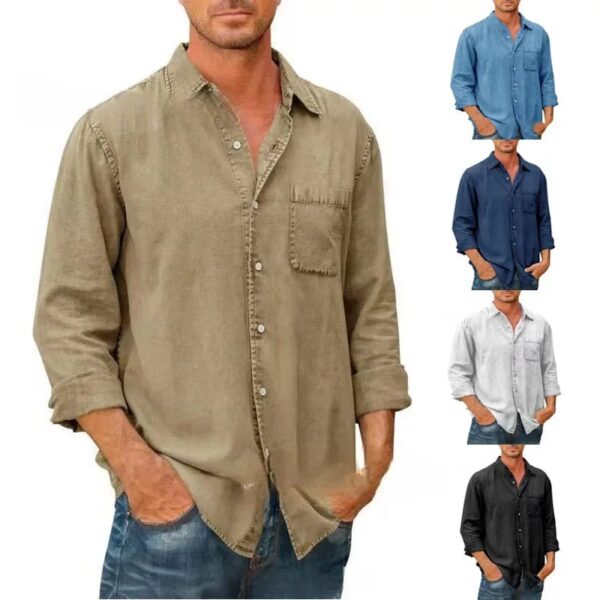 2023 Spring Autumn Men Loose Shirts Cotton Denim Long Sleeve Casual Solid Color Laple Shirt Male Vintage Jeans Shirt Tops