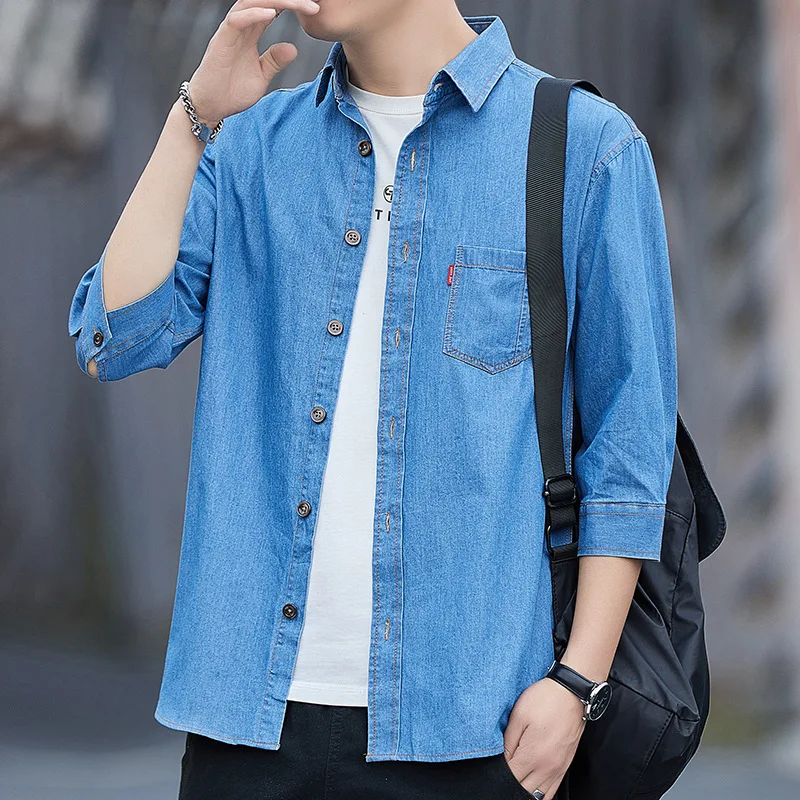 2023 Spring New Men's Short Sleeve Denim Shirts Autumn Korean Trend 100% Cotton Loose Casual Shirt Male Classic Thin Jean Jacket