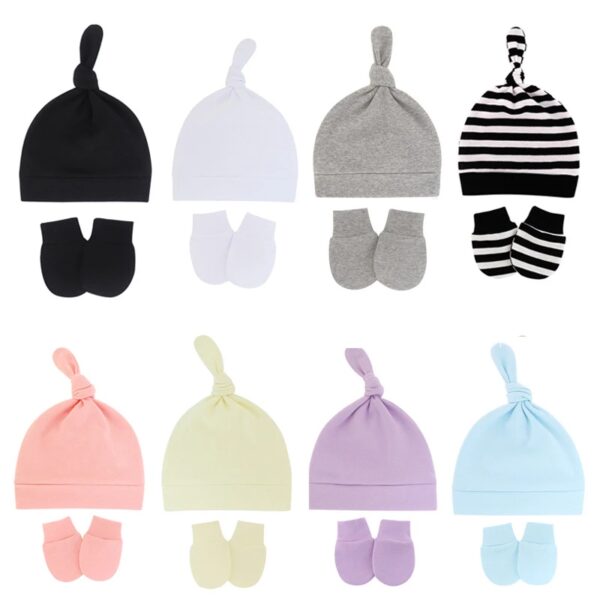 Autumn Spring Baby Hat Gloves Set Infants Anti Scratching Bonnet Cotton Top Knot Hats Cover Suit Newborn Mittens Beanies Cap