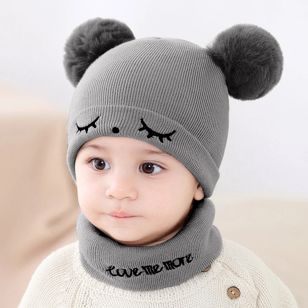 2Pcs/Set Autumn Winter Warm Baby Hat Scarf Set Solid Color Girl Boy Hats Embroidery Infant Toddler Beanies For Kids