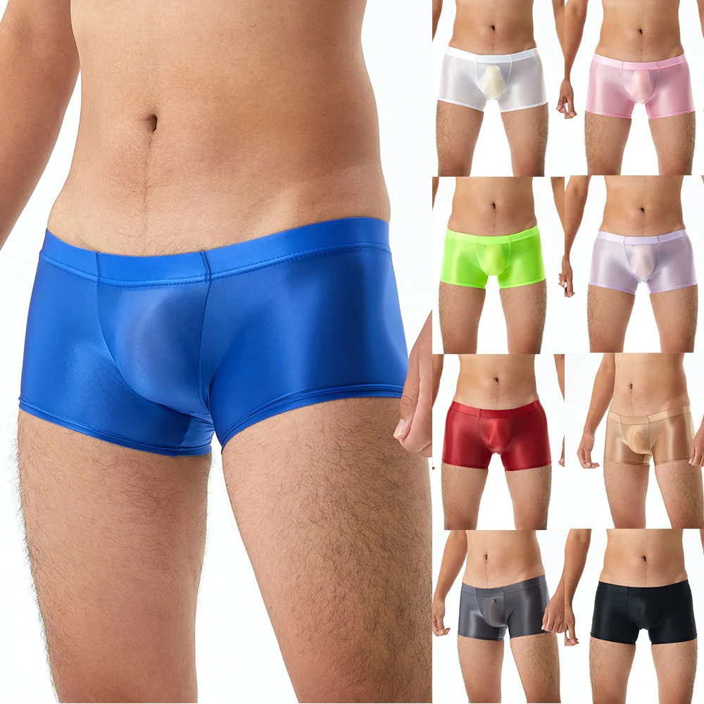 Men Silky Transparent Boxer Shorts Underpants Solid Color Swimwear Underwear Boxer Briefs Low Rise Seamless Sexy Male Lingerie