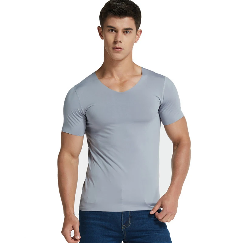 Plus Size Mens V-Neck Undershirts Man Ice Silk Seamless Short Sleeves Basic Shirts Summer Sexy Fitness Body Building Underwear