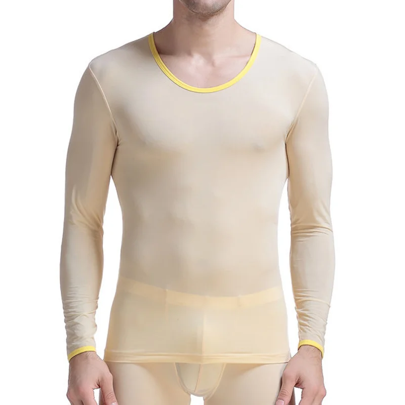 Man Undershirts Long Sleeve Ice Silk Sheer T Shirts Fitness Transparent Tops Top Ultra-thin Sleepwear Camiseta Hombre Interior