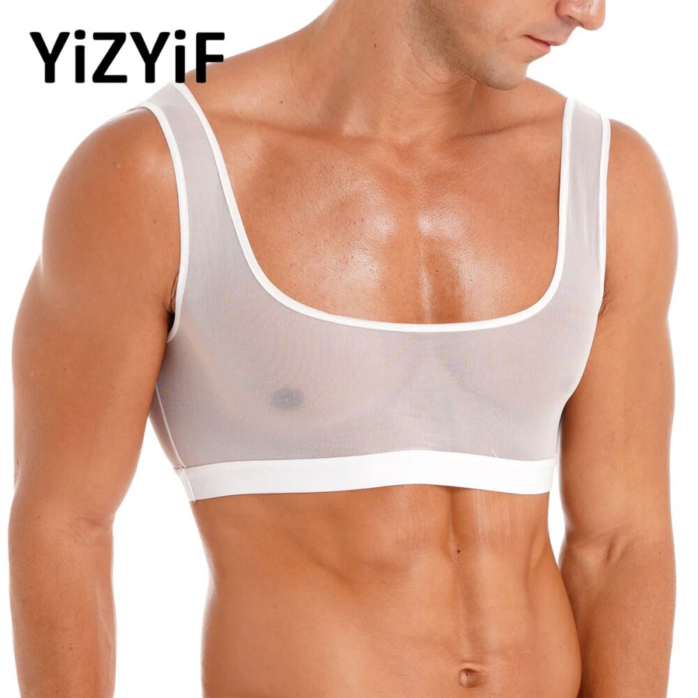 Mens See Through Mesh Racer Back Muscle Tank Top Workout Gym Sport Crop Top Shirt Fitness Vest Clubwear Nightclub Stage Costume